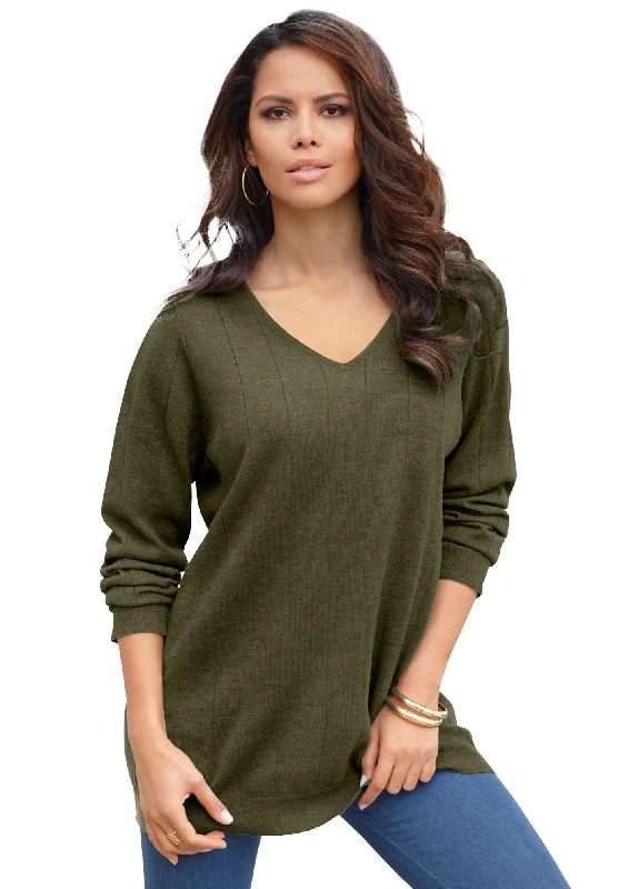 Fine Gauge Drop Needle V-Neck Sweater