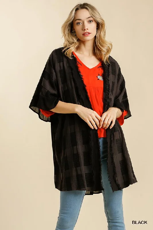 Amy Textured Half Sleeve Kimono With Frayed Edge - Black