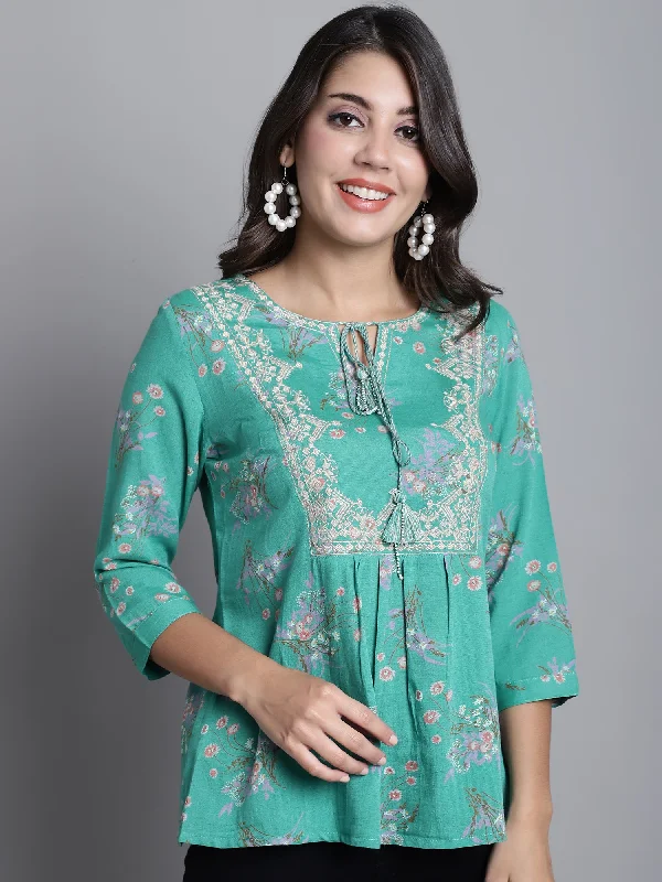 Women's Casual  Green Floral Print Round neck with tie up Top