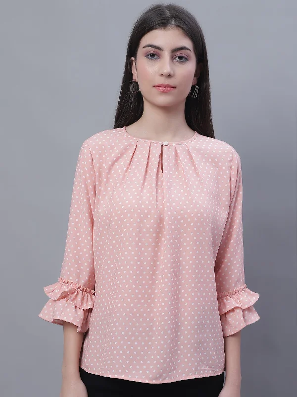 Women's Casual  Peach Polka dot Print Round neck with keyhole Top