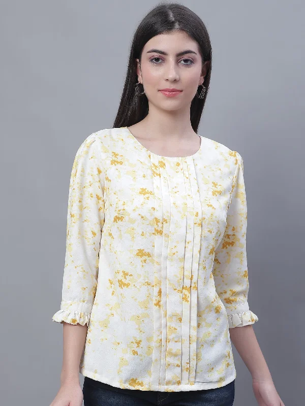 Women's Casual  Yellow Marble Print Round neck Top