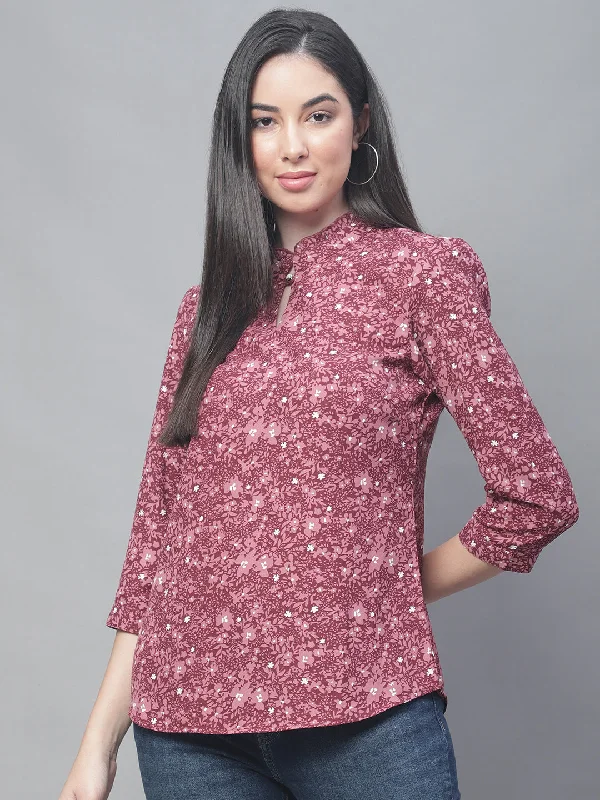 Women's Casual  Wine Floral Print Mandarin Collar Top