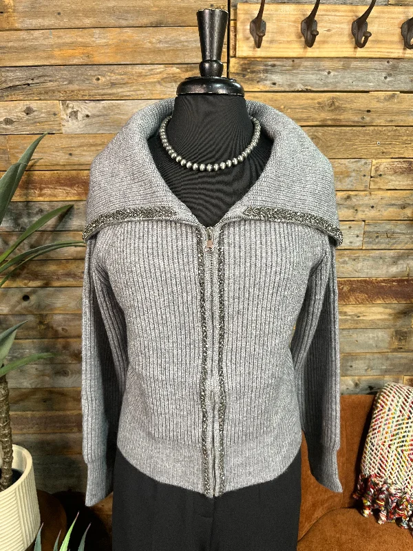 Embellished Zip Up Lapel Collared Cardigan - Gray