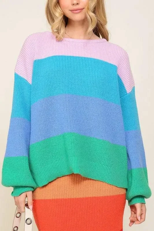 Rainbow striped oversized chunky knit sweater