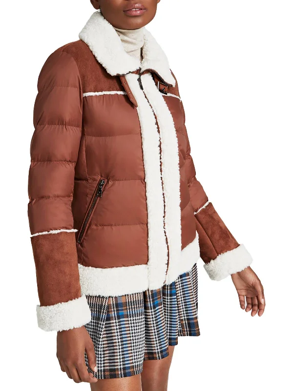 Selena Womens Faux Shearling Short Puffer Jacket