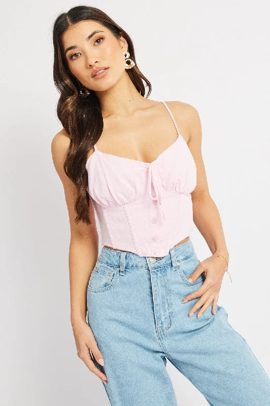 Pink Cami Top Sleeveless Corset Linen Blend