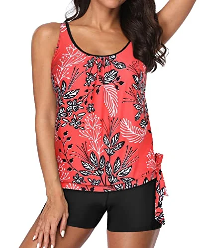 Blouson Tankini Top Shorts Tummy Control Tankini Bathing Suit For Women-Red Floral