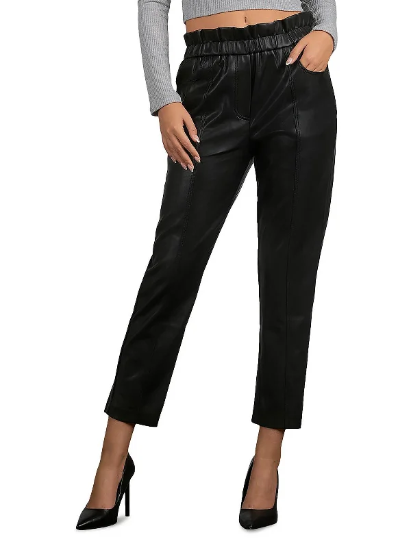 Womens Faux Leather Flat Front Paperbag Pants