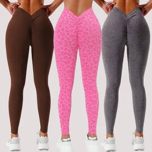 Burst V-waist solid color leopard print seamless high waist hip lift fitness pants 10 color